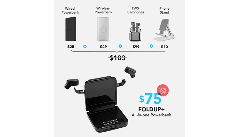 折りたたみスタンドにもなる大型スマホバッテリー「FOLDUP」