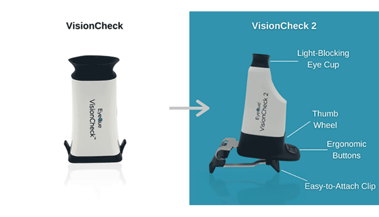 スマートフォンによる視力検査・視力矯正を可能とした取り付け型検査システム「EyeQue VisionCheck 2」